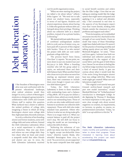Debt Liberation Lab Article, Bennington College Magazine, Spring 2024